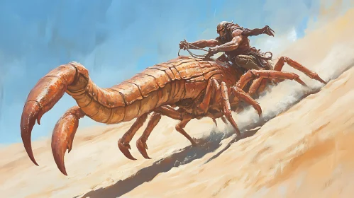 Mythical Warrior on Giant Scorpion in Desert