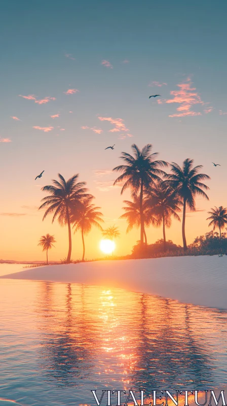 AI ART Golden Beach Sunset with Palm Trees