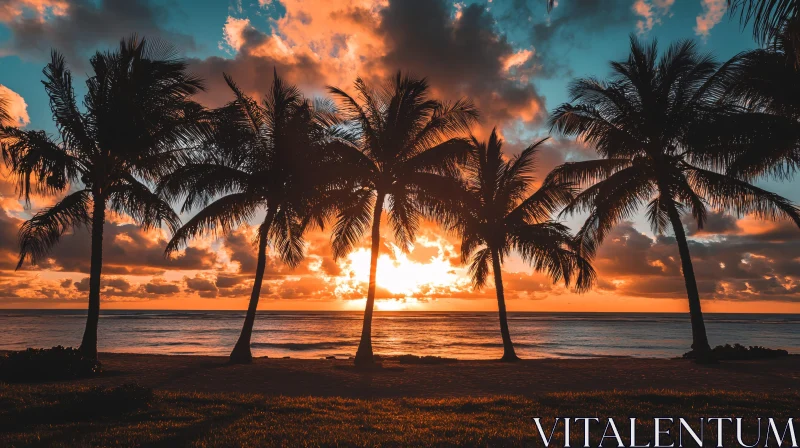 AI ART Tropical Sunset Beach Scene with Palm Trees