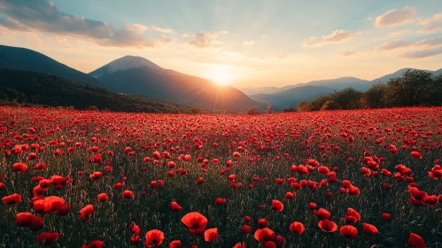 Red Poppy Field During Sunset