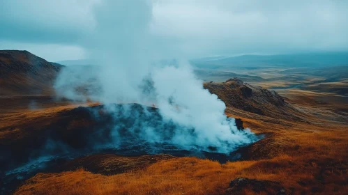 Steaming Geyser in Vast Landscape