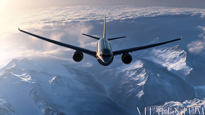 Airplane in Flight Over Mountains AI Image