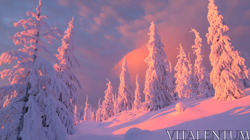 AI ART Serene Winter Sunset Over Snowy Forest