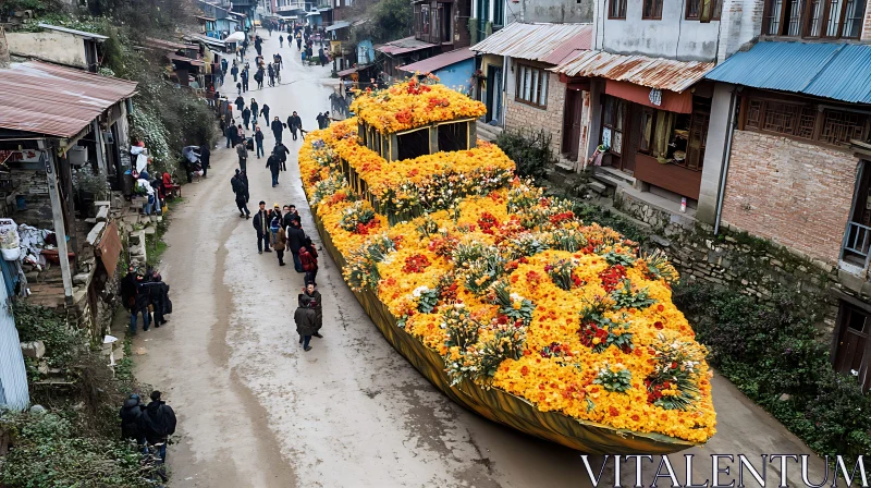 Vibrant Floral Boat Parade on Rustic Street AI Image