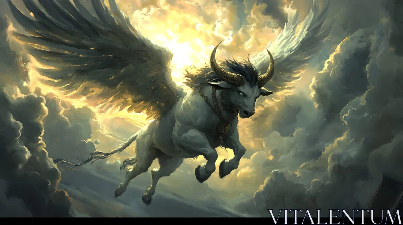 Mythical Bull with Wings in the Clouds AI Image