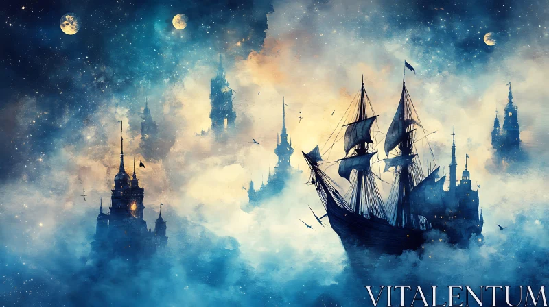 Majestic Ship in Surreal Night Sky with Castles and Moons AI Image