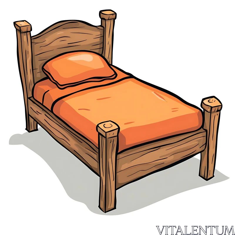 Rustic Bed Illustration with Orange Sheets AI Image