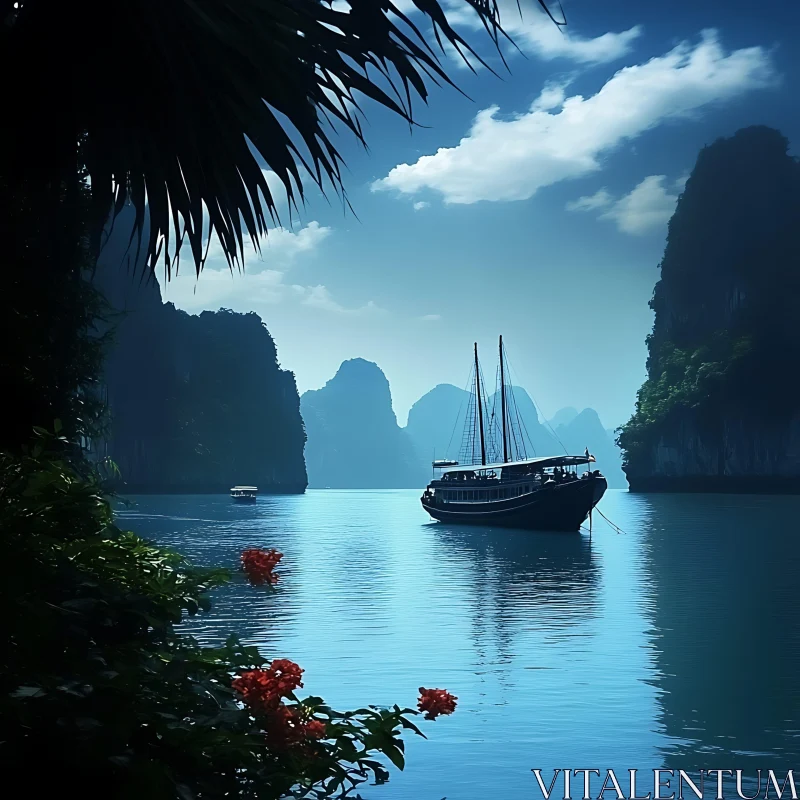 Tranquil Seascape with Anchored Boat and Mountains AI Image