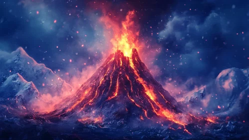 Volcano Exploding with Lava at Night