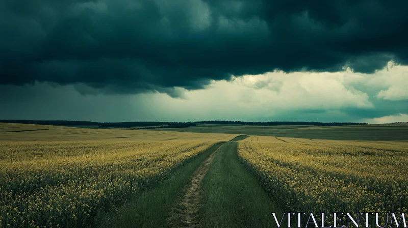 Ominous Storm Clouds Above Golden Field with Pathway AI Image