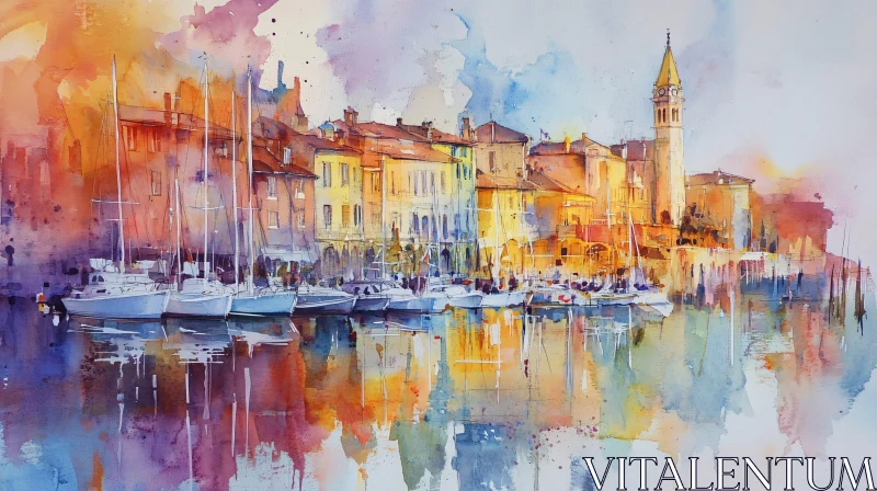 Harbor Scene in Watercolor with Boats and Sunset Reflections AI Image