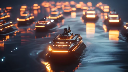 Lit Night-Time Futuristic Boat Fleet