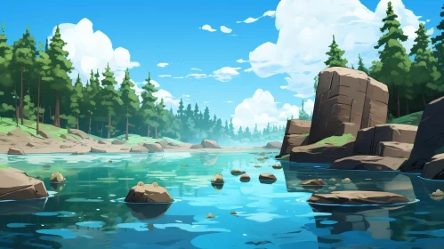 Anime Style Serene Lake Encased in Nature's Beauty