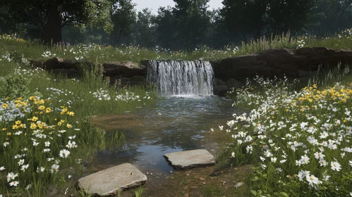 Tranquil Pond with Cascading Waterfall