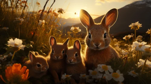Charming Bunnies in Wildflower Field at Sunset - Amber Hues