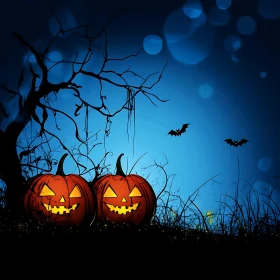 Spooky Halloween Night with Jack-o'-lanterns and Bats