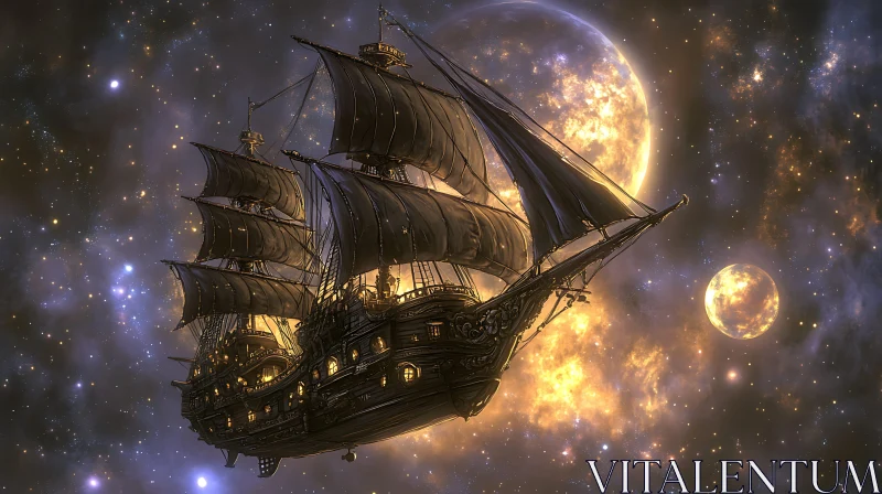 Fantastical Ancient Ship in Celestial Space AI Image