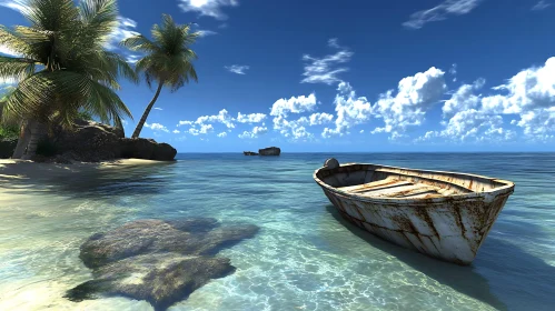 Abandoned Boat on a Tropical Beach with Clear Blue Sky