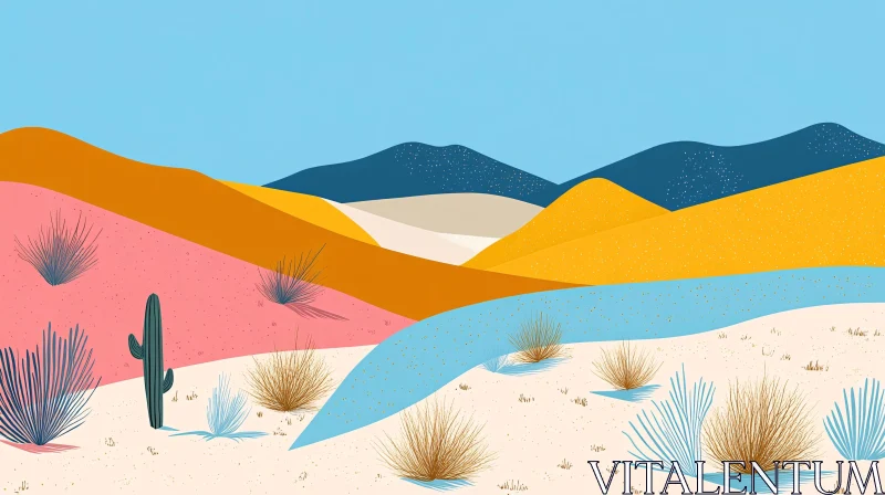 AI ART Colorful Abstract Desert Scene with Hills and Plants