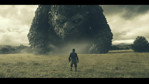 Lone Man Faces Gigantic Beast in Mysterious Field