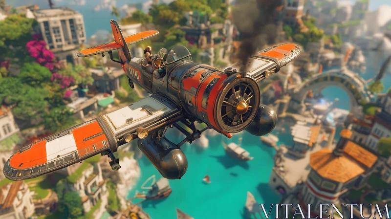 Aerial View of Vintage Plane Over Island City AI Image