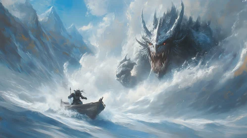 Intense Ocean Confrontation Between Warrior and Mythical Beast