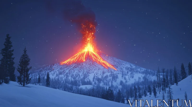 AI ART Nighttime Erupting Volcano with Snow and Stars