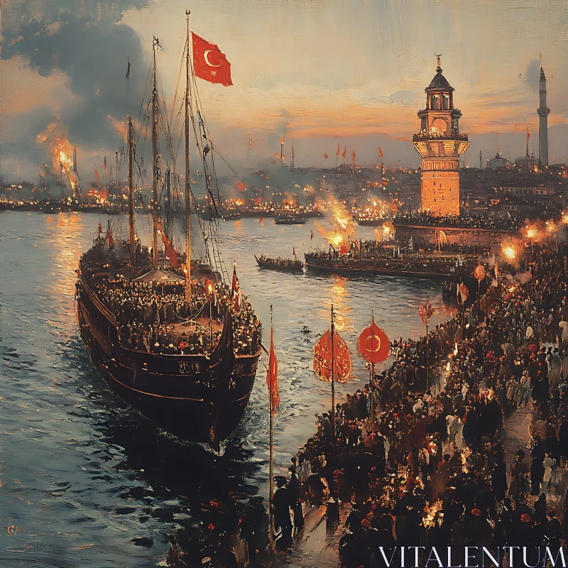 Sunset Harbor Celebrations in a Turkish City AI Image