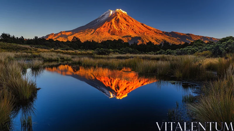 Golden Sunset Over Snow-Capped Mountain and Reflective Lake AI Image