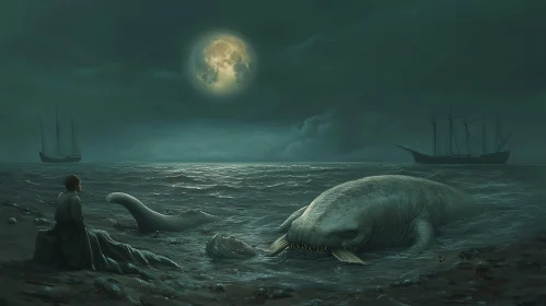 Eerie Night with Moonlit Seascape and Enigmatic Creature