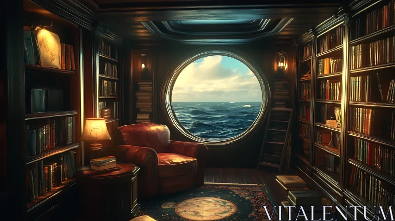 Luxurious Ship Library with Circular Sea View Window AI Image