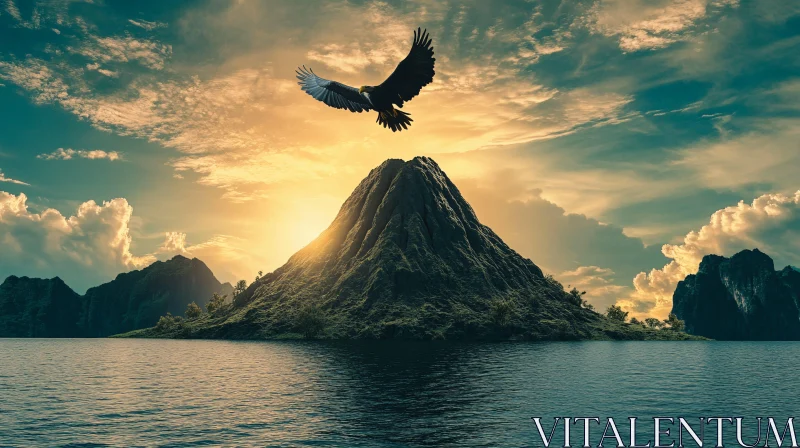 AI ART Eagle in Flight Over a Sunset-Lit Mountain Lake