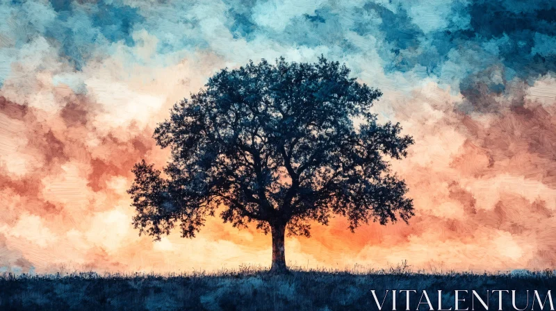 AI ART Lone Tree with a Sunset Sky