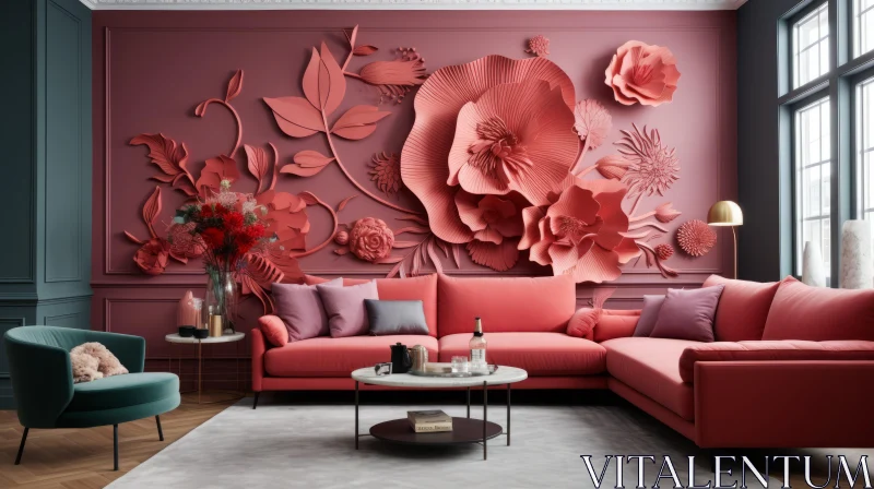 Nature-Inspired Living Room Design with Floral Wallpaper AI Image