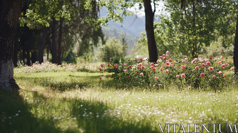 AI ART Peaceful Garden Scene with Pink Roses