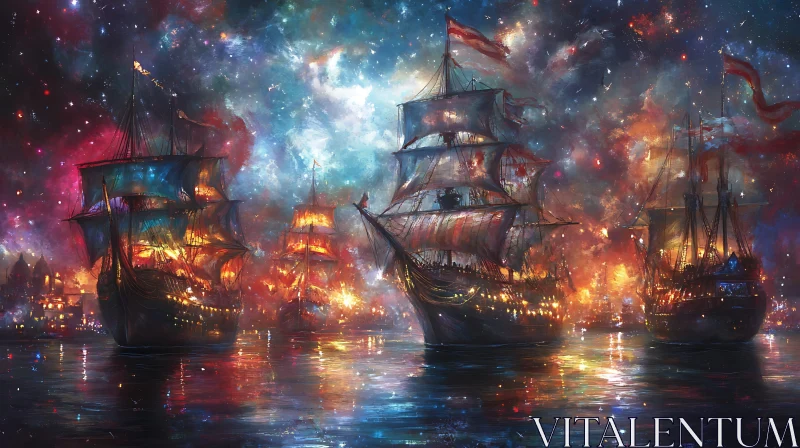 Mystical Galaxy-Lit Sailing Ships at Night AI Image