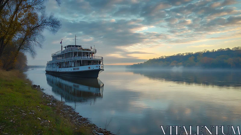 Tranquil River Scene with Docked Boat and Sunset AI Image