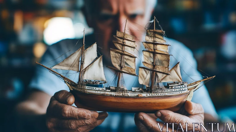 Elderly Man Showcasing Wooden Model Ship AI Image