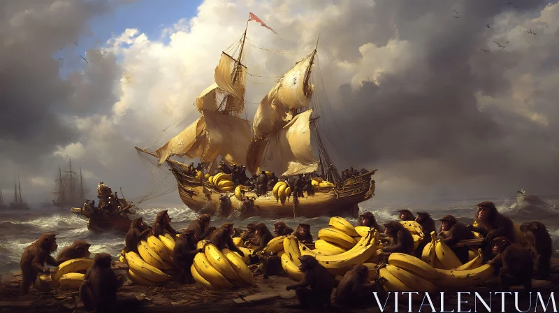 Surreal Scene of Monkeys and Bananas on a Ship Shore AI Image