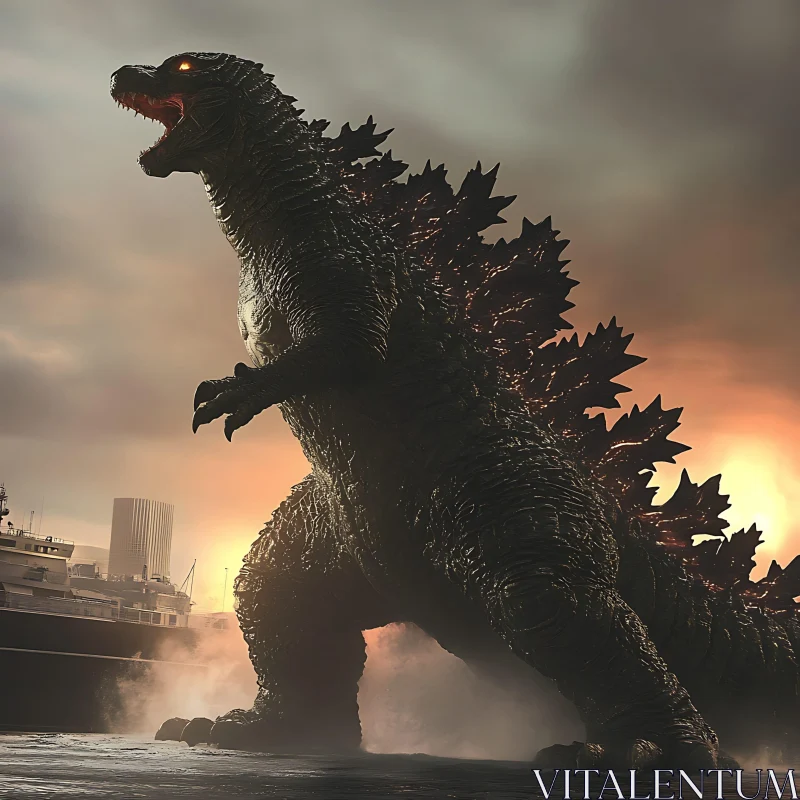 Giant Creature Roaring at Sunset Over Urban Landscape AI Image