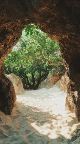 Scenic Cave View with Sunlit Sand and Green Foliage