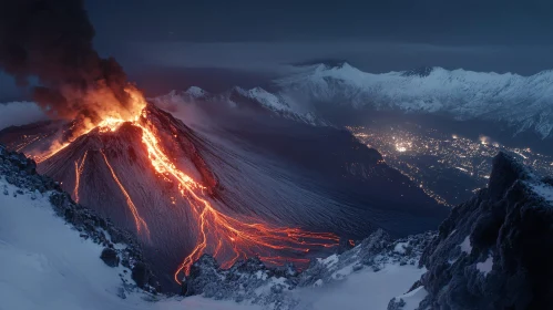 Night Volcanic Eruption with Lava Flows and Snow