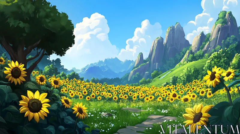 AI ART Scenic Sunflower Meadow with Mountain Backdrop