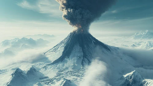 Volcano Erupting in Icy Mountain Landscape