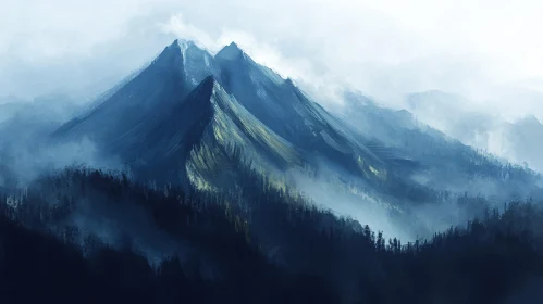 Blue and Green Mountains Shrouded in Mist