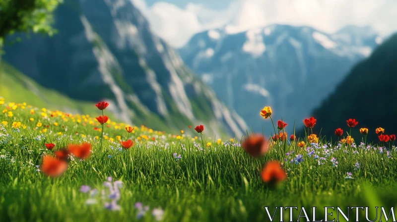 AI ART Scenic Wildflower Field with Mountain Backdrop