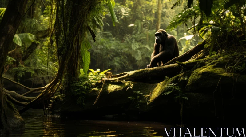Serene Gorilla by Rainforest River - Fine Art Photography AI Image