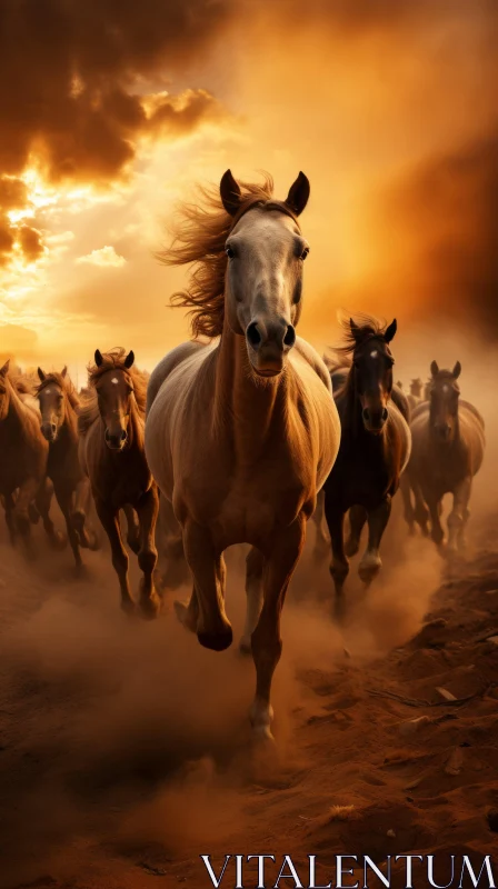 Symbolic Storytelling: Horses Running in a Golden Desert AI Image