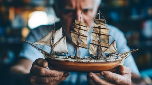 Elderly Man Showcasing Wooden Model Ship