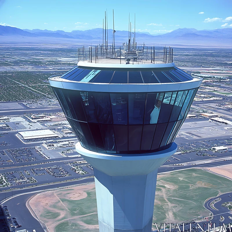 Sleek Aeronautical Control Tower with Scenic Backdrop AI Image